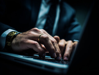 Businessman working late at night on laptop keyboard
