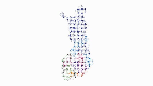 Finland map animation. Shape of the country with pulsating colored dots. Small size circle blocks. Digital style Finland map on white background. Awesome video.