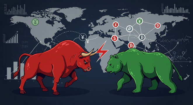 A red bull and a green bear face off, symbolizing a stock market battle, set against a world map background with currency symbols.