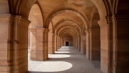 Obraz premium A long hallway with arches and columns in a building with stone floors and light at the end of the passage