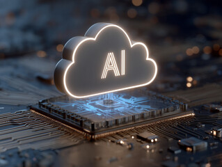 Cloud computing and artificial intelligence: ai symbol floating above circuit board