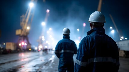Shipyard workers operating cranes at a dockyard under harsh lighting conditions