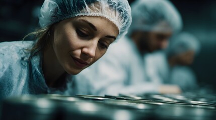 Fototapeta premium Factory workers packing canned products in a food production facility