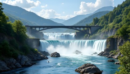 The cascading descent of substantial water volume from a notable elevation represents a potent source of kinetic energy