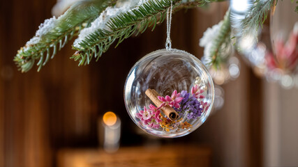 Handmade Christmas bauble. A clear glass ornament filled with dried flowers and a cinnamon stick hangs from a snowy pine branch.