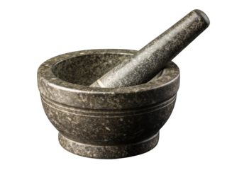 Ayurvedic stone mortar and pestle for medicine preparation, isolated on transparent background