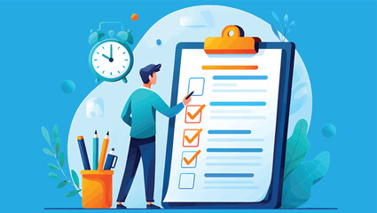 Businessman managing tasks on a giant clipboard checklist. Business planning, productivity, and time management concept in a modern flat vector illustration.