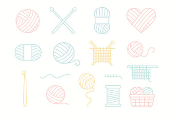 Colorful pastel yarn icons including balls, needles, heart, and baskets