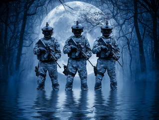 Naklejka premium Army soldiers standing in water at night with full moon and forest in background