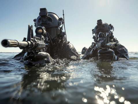 Navy seals emerging from water with rifles