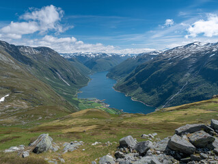 Fototapeta premium Breathtaking fjord landscape dominating norwegian mountains on sunny summer day
