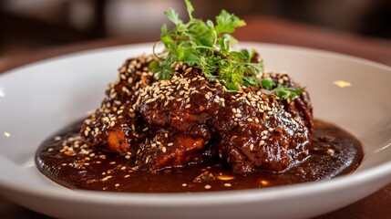 Mexican mole poblano chicken rich chocolate chili sauce sesame seed garnish