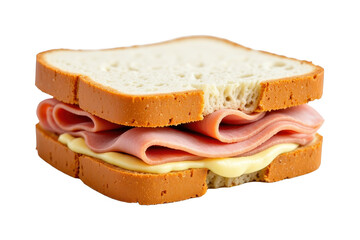 standalone ham sandwich with mayonnaise on a white background, in a sleek style, with precise details, soft glow, studio setup, high resolution