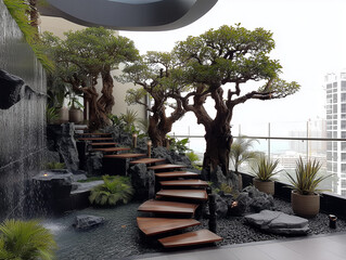 Modern rooftop garden with waterfall and wooden staircase inspiring serenity