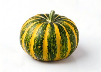 Striking striped squash showcasing rich green and vibrant yellow hues in a simple setting. white background
