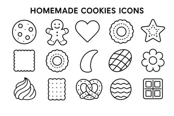 Homemade cookies icons: variety of cookie shapes in simple line art design