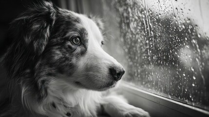 Obraz premium Dog looking out window rainy day