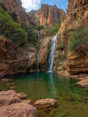 Waterfall cascading into a clear pool in a rocky canyon