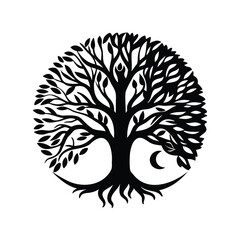Circular depiction of tree of life symbol in black and white style