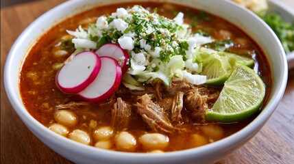 Mexican pozole soup hominy pork shredded cabbage radishes lime wedges