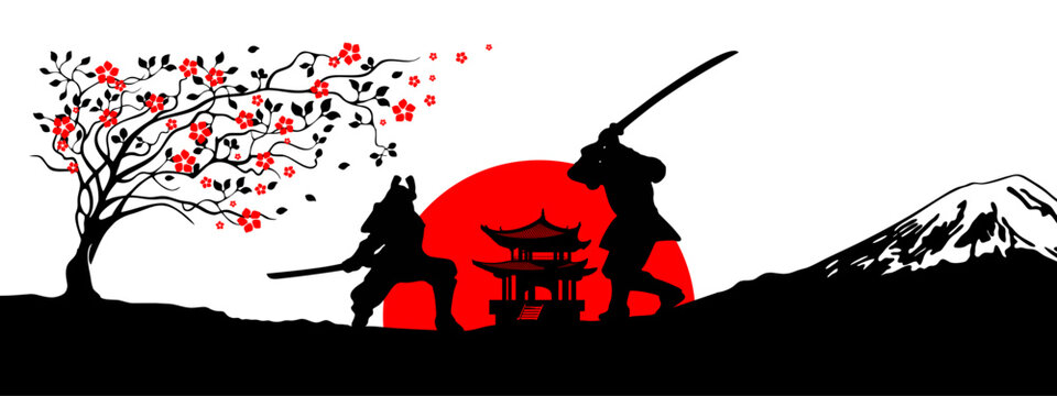 The battle of Japanese samurai against the background of the red sun