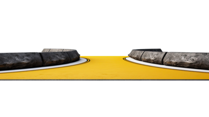 Curved asphalt road with bold yellow double lined markings for highway transportation and travel concept on white background
