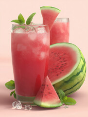 Refreshing watermelon juice with ice and mint on pink background