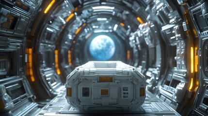 In a futuristic spaceship, a cryogenic chamber rests within a metallic tunnel leading towards the blue planet, creating a mesmerizing scene of space exploration.