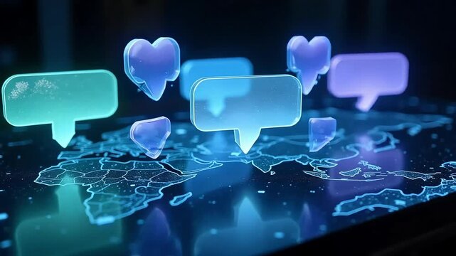 Global communication network visualized with glowing speech bubbles over digital world map