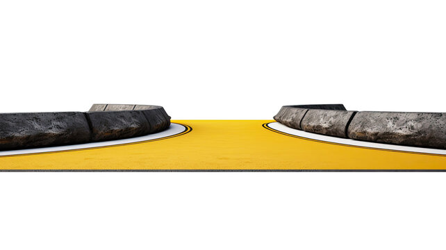 Curved asphalt road with bold yellow double lined markings for highway transportation and travel concept on white background