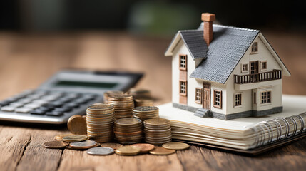 Miniature House Real Estate Investment with Coins, Calculator, and Notebook on Wooden Table