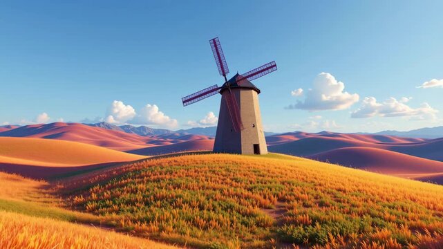 Timeless Windmill on the Horizon: A picturesque rural landscape with a classic windmill standing tall on a gentle hilltop, bathed in sunlight under a clear blue sky.