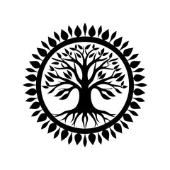 Stylized Tree of Life Symbol Encased in Circular Foliage Design
