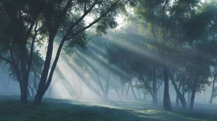 Fototapeta premium Golden light rays illuminate a misty forest floor as sunbeams break through tree leaves