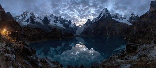 Mountainous landscape with a serene lake reflecting a dramatic sky at dawn