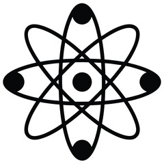 Black atom symbol with orbiting electrons on a white background science physics