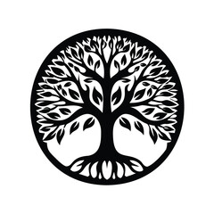 Intricate black and white tree of life symbol within a circle design