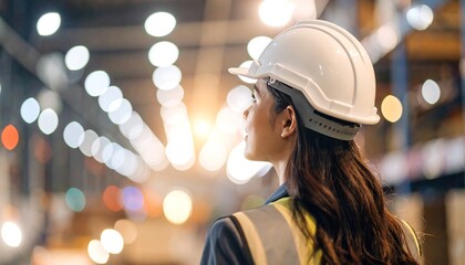 A female industrial worker wearing a hard hat, looking up at glowing lights in a factory or warehouse