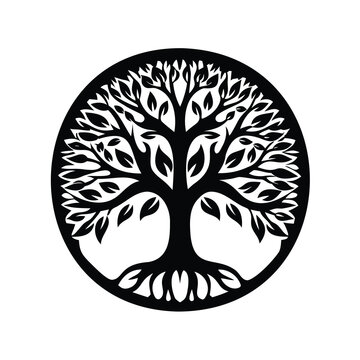 Intricate black and white tree of life symbol within a circle design