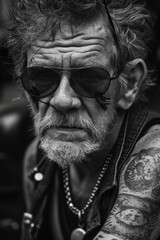 old punk man with sunglasses and tattoos