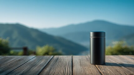 Obraz premium Black Stainless Steel Thermos on Wooden Table with Mountain View