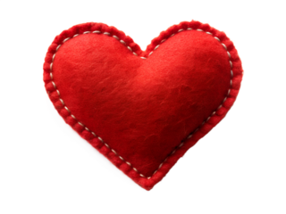 Red felt heart with white stitches isolated on a transparent background