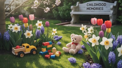 Obraz premium Spring Garden Scene: Teddy Bear, Toys, and Easter Eggs