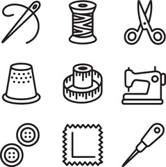 Sewing needle thread spool scissors thimble tape measure sewing machine buttons fabric swatch awl vector
