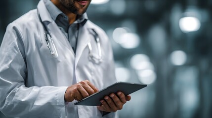 Doctor using tablet for digital medical records in modern healthcare setting