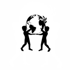 Young friends hugging a globe symbolizing global unity silhouette isolated on white background