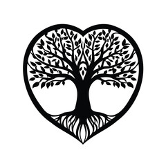 Heart Shaped Tree of Life Silhouette with Roots and Branches Isolated