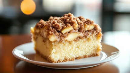 Delicious crumb cake slice with apple topping on a white plate