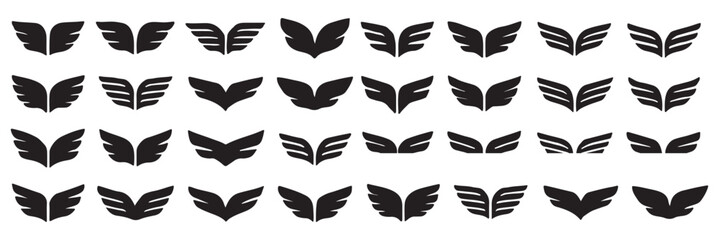 Set of black wings icons. Bird wings, wings logo, angel wings. Wing Collection in different shape isolated on white background