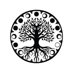 Elegant Tree of Life Silhouette surrounded by Circular Moon Phases